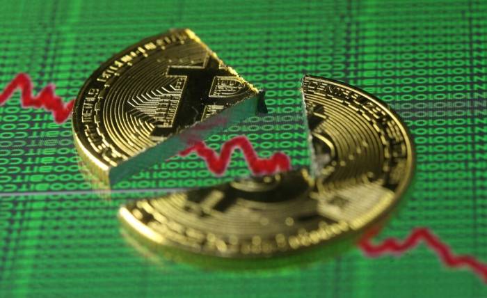 Đồng xu biểu trưng Bitcoin bị vỡ làm đôi. Ảnh minh họa: Reuters