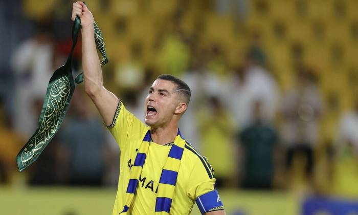 Ronaldo ăn mừng sau trận Al Nassr thắng Neftchi Fergana ở AFC Champions League Elite trên sân Al Awwal Park, Riyadh, Arab Saudi ngày 12/10/2026. Ảnh: Al Nassr