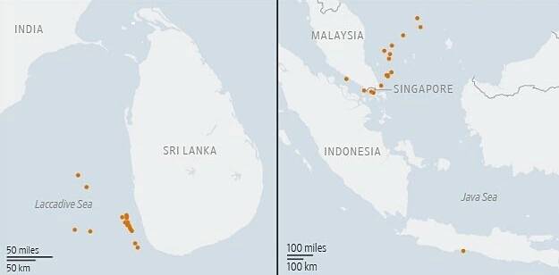 Vị trí các tàu chở dầu Iran mắc kẹt ngoài khơi Sri Lanka và Malaysia tính đến ngày 29/9. Đồ họa: WSJ
