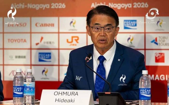 Thống đốc tỉnh Aichi kiêm Trưởng Ban tổ chức ASIAD 2026 Hideaki Omura phát biểu tại họp báo ở Aichi, Nhật Bản ngày 4/10/2026, trước khi bế mạc Á vận hội. Ảnh: OCA