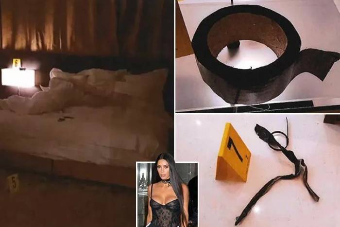 Căn phòng nơi Kim Kardashian bị tấn công, và cuộn băng dính dùng để trói tay, bịt miệng cô. Ảnh: TF1
