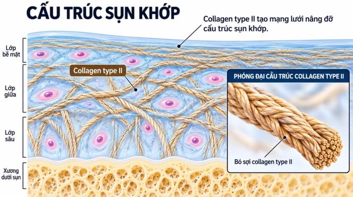 Cấu trúc sụn khớp được tạo thành phần lớn từ collagen Type II. Ảnh: Dược phẩm Eco