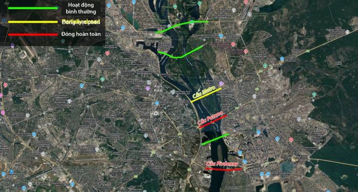 Tình trạng giao thông trên các cây cầu ở thủ đô Kiev, Ukraine ngày 2/10. Đồ họa: X/AMK Mapping