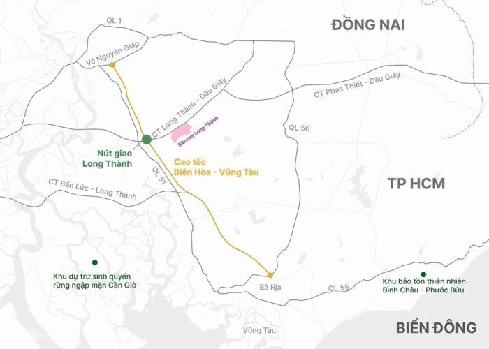 Hướng tuyến cao tốc Biên Hòa - Vũng Tàu. Đồ họa: Hoàng Thanh