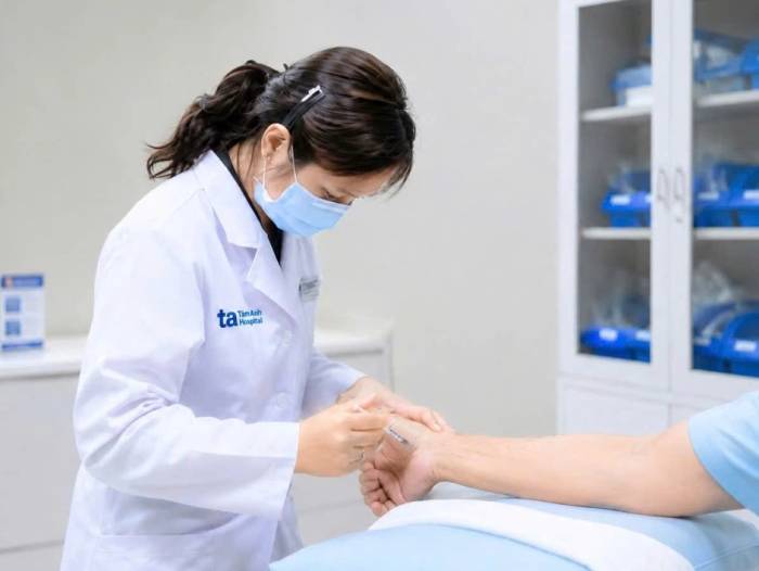 Bác sĩ đang tiêm botox hỗ trợ cải thiện vận động và giảm co cứng cho người bệnh sau đột quỵ. Ảnh: Bệnh viện Đa khoa Tâm Anh