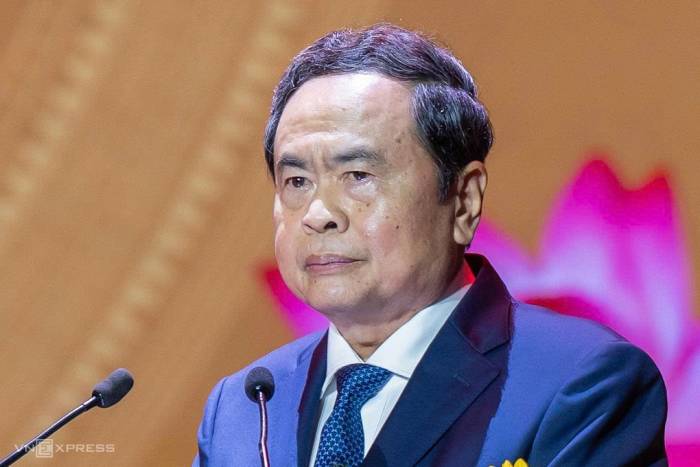 Chủ tịch Quốc hội Trần Thanh Mẫn phát biểu tại Lễ kỷ niệm 150 năm Ngày sinh quyền Chủ tịch nước Huỳnh Thúc Kháng. Ảnh: Nguyễn Đông