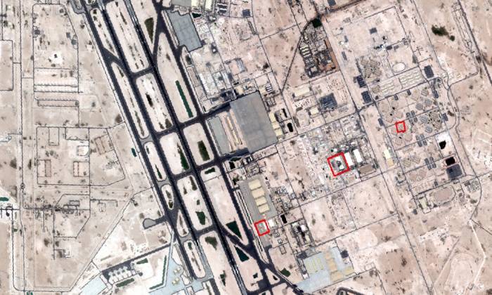 Khu vực nghi chịu thiệt hại từ đòn tập kích của Iran tại căn cứ không quân Al Udeid, Qatar (khoanh đỏ) trong ảnh công bố ngày 4/4. Ảnh: Al Jazeera