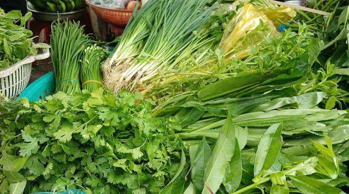Ngò rí, hành chỉ được bán tại một sạp rau ở chợ Xóm Mới, phường An Hội Đông (TP HCM) sáng 8/10. Ảnh: Thi Hà