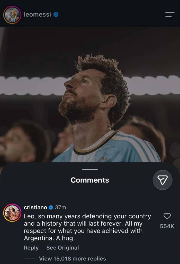 Ronaldo gửi thông điệp tri ân dưới bài đăng của Messi trên Instagram.