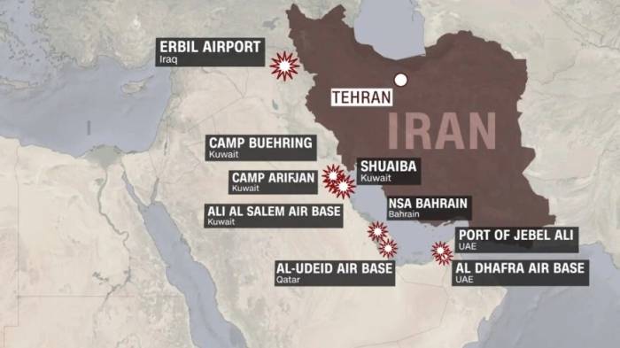 Loạt căn cứ quân sự ở Trung Đông từng bị Iran tập kích. Đồ họa: CNN