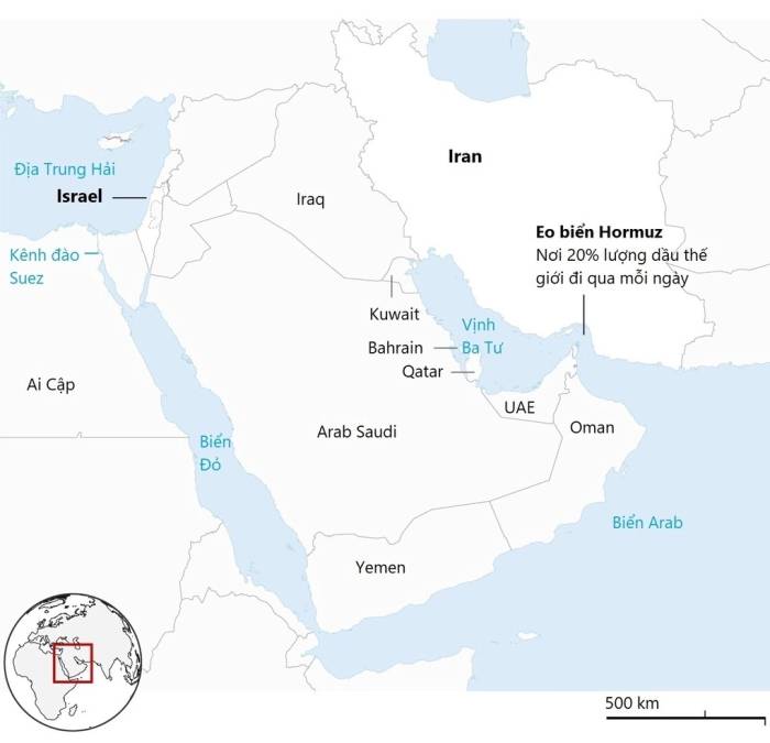 Vị trí Iran và eo biển Hormuz. Đồ họa: Guardian